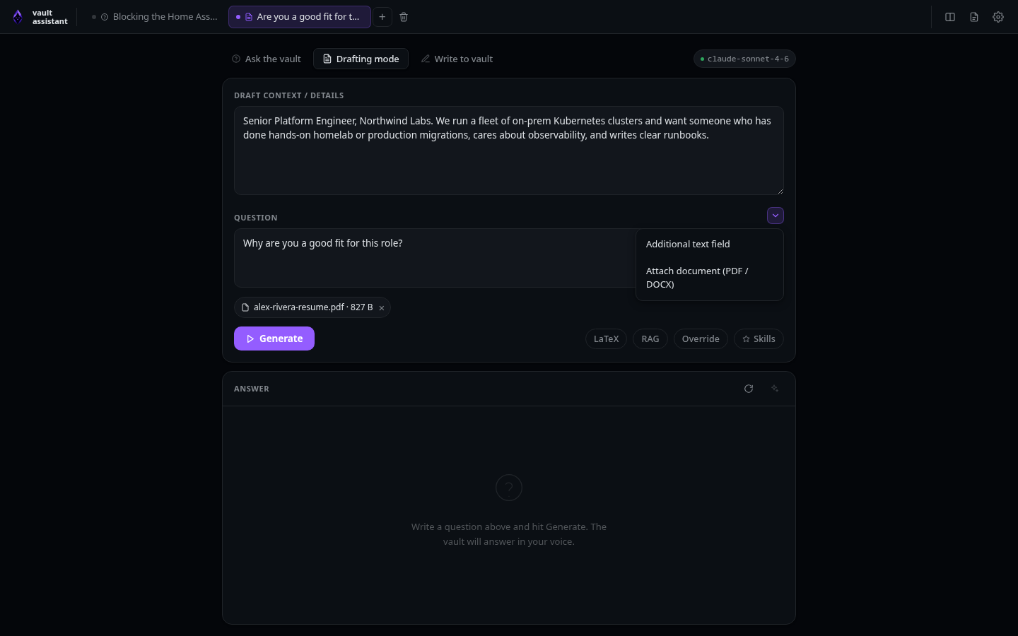 Draft mode with a job description and an attached document
