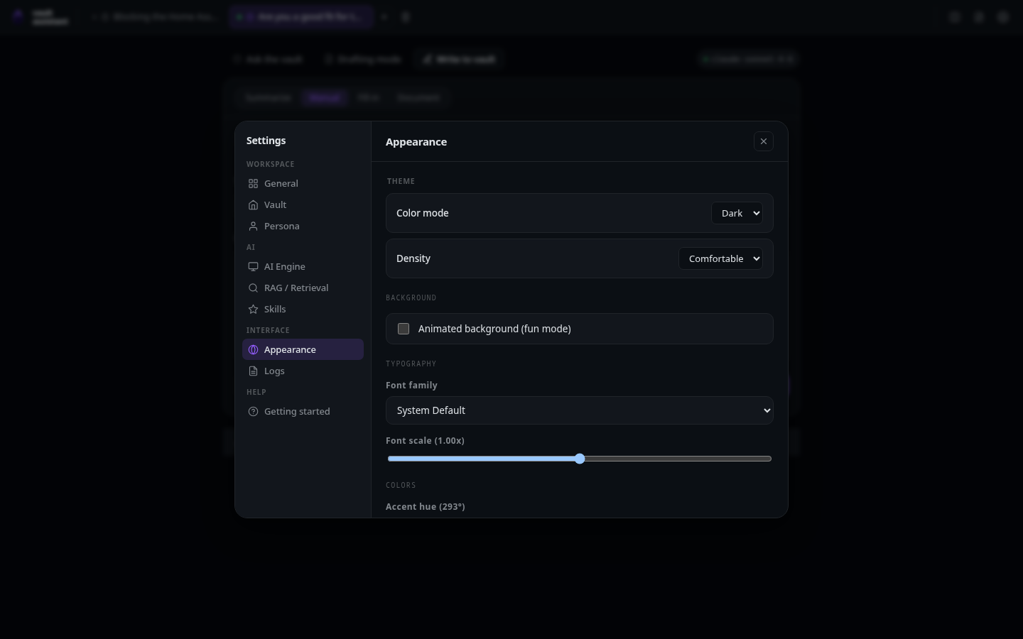 The Appearance settings page