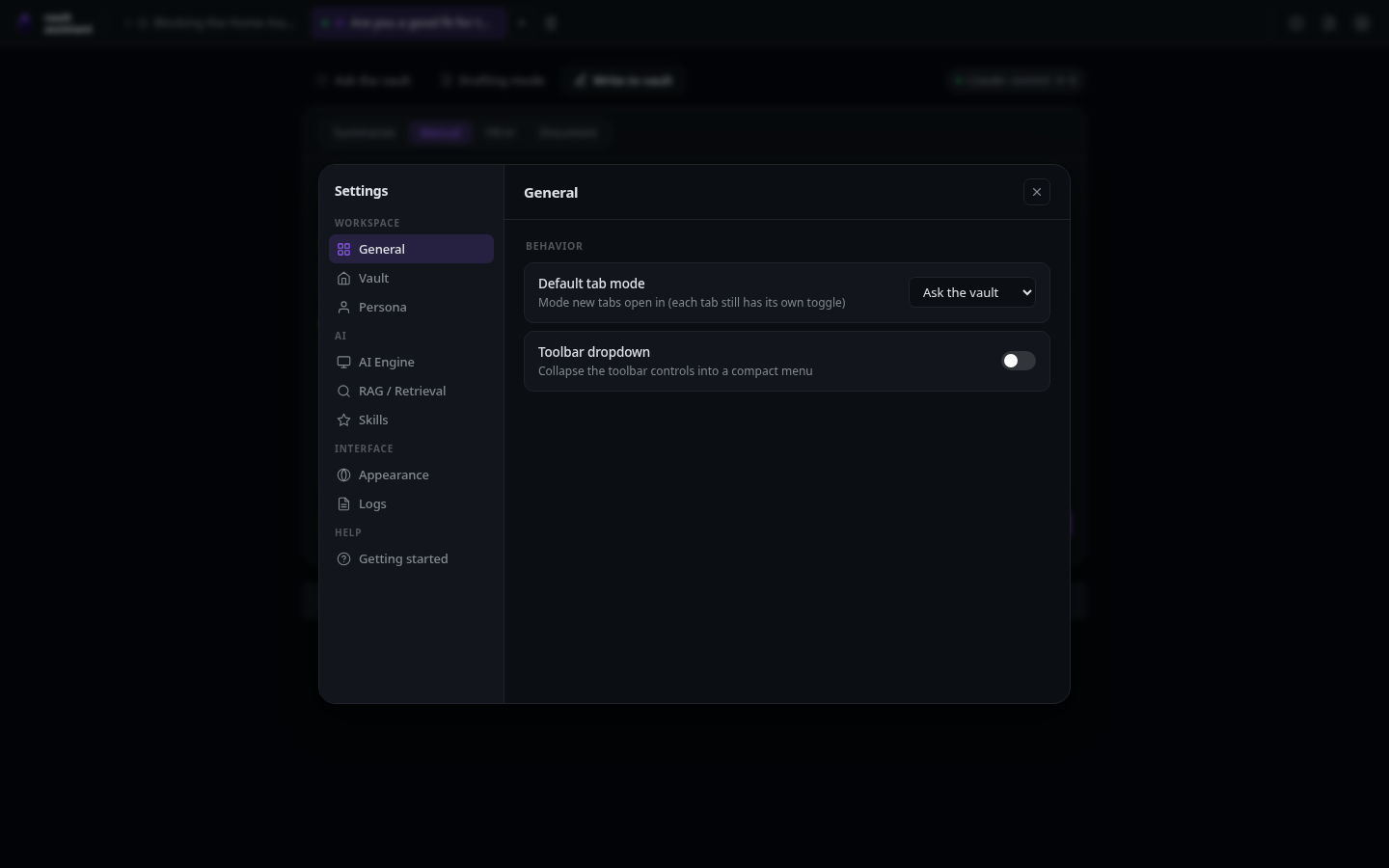 The settings drawer on the General page