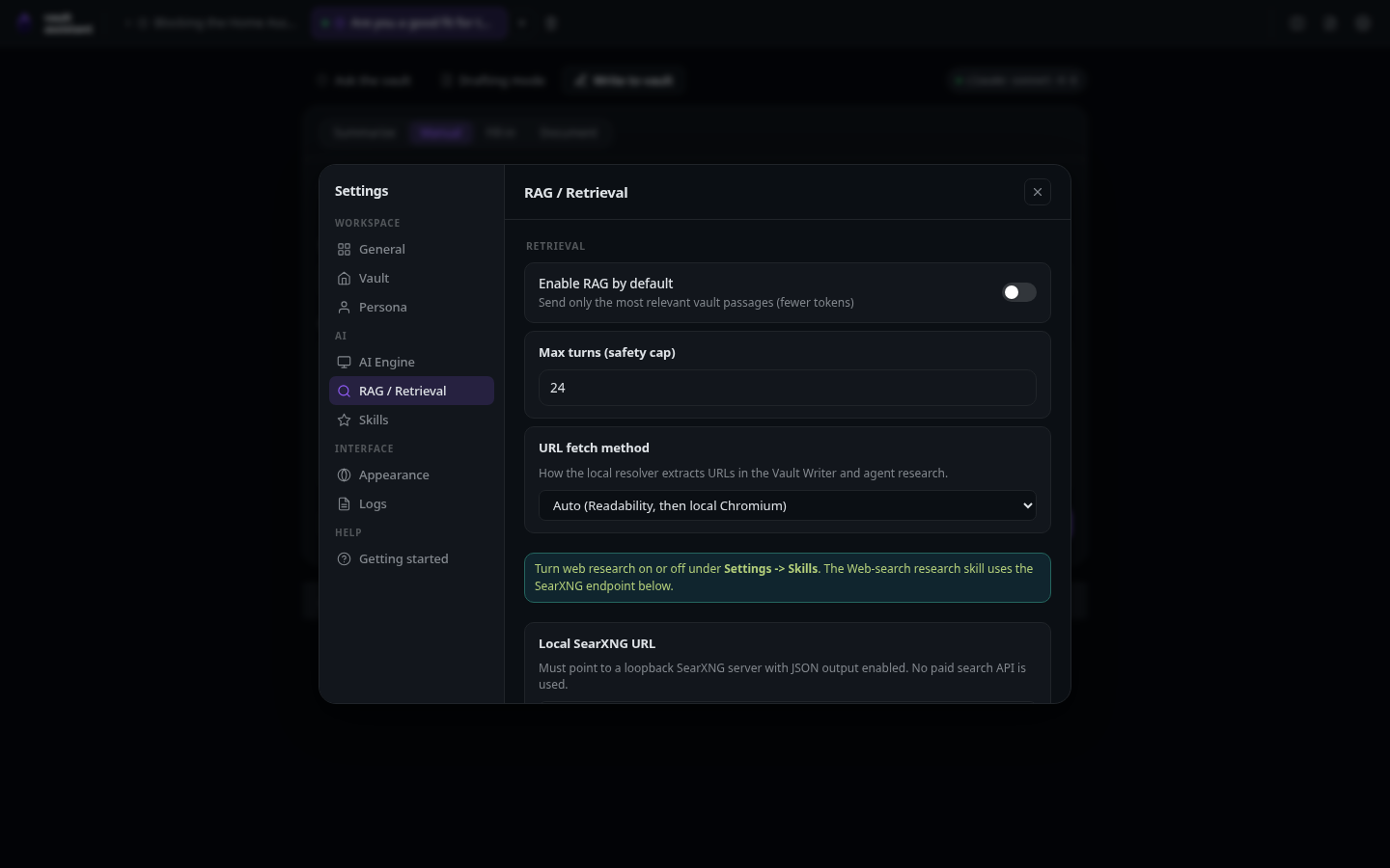 The RAG / Retrieval settings page