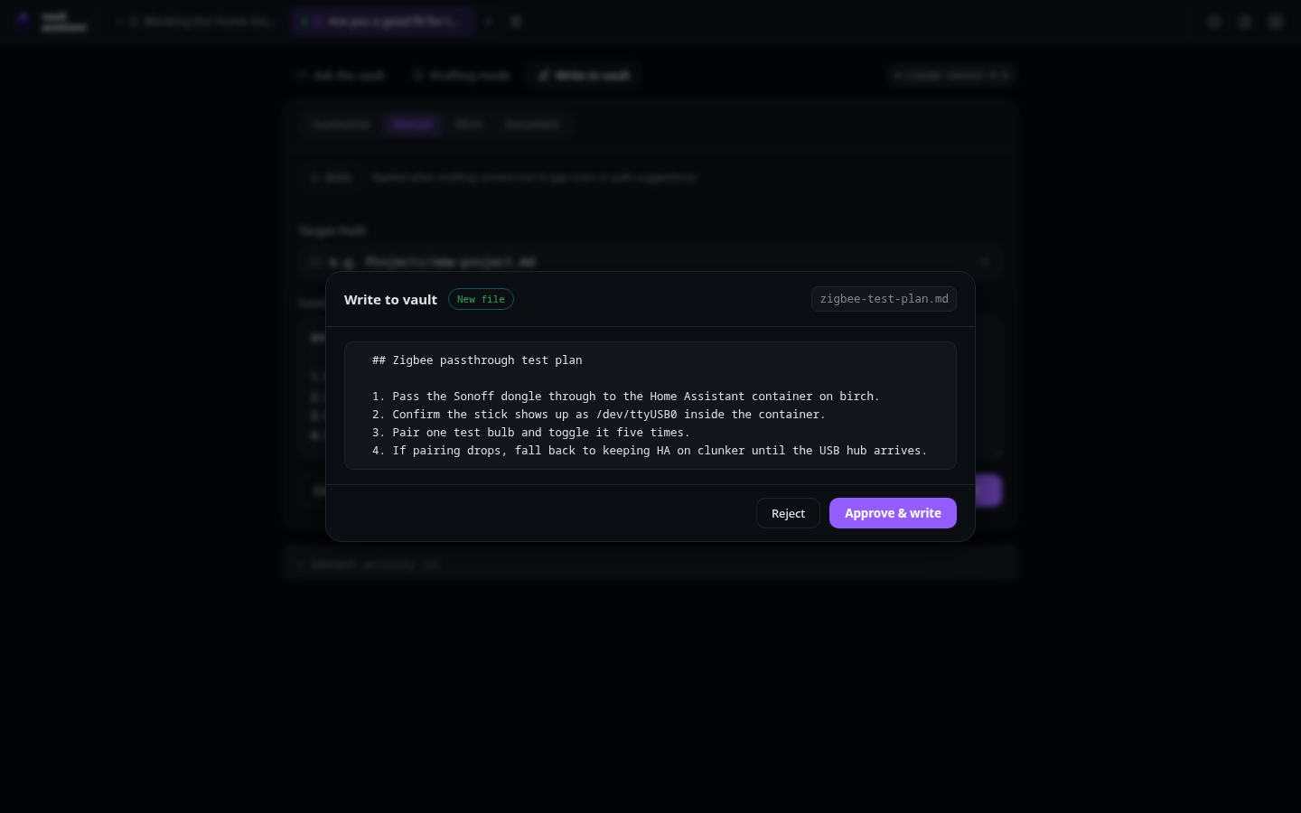 The approval modal previewing a new file before it is written
